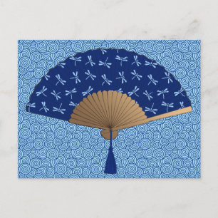 Postal Ventilador japonés, patrón de libélula, azul cobal