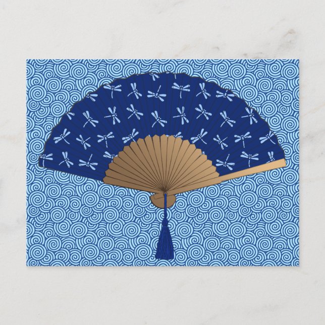 Postal Ventilador japonés, patrón de libélula, azul cobal (Anverso)