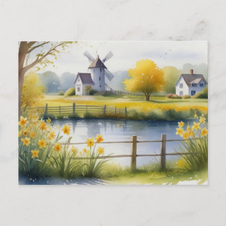 Postal Verano Daffodils Naturaleza Casa Postcard Watercol