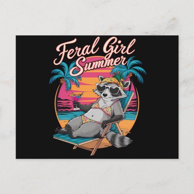 Postal Verano de chica salvaje en la playa mapache divert (Anverso)