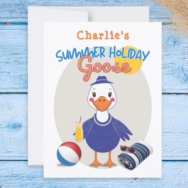 Postal Verano de vacaciones bobas Goose Cute Personalizad (A colorful postcard in retro style, featuring a 'Summer Holiday Goose' ready for its beach vacation)
