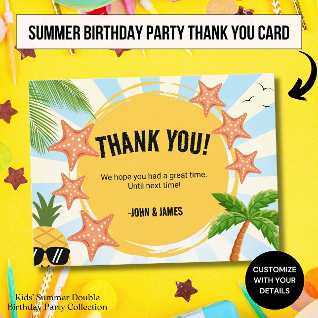 Postal Verano Niños Doble Cumpleaños Gracias Postcard (Subido por el creador)
