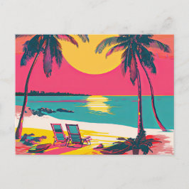 Postal Verano Playa Vibe Retro Surfer Palm Trees Sunset
