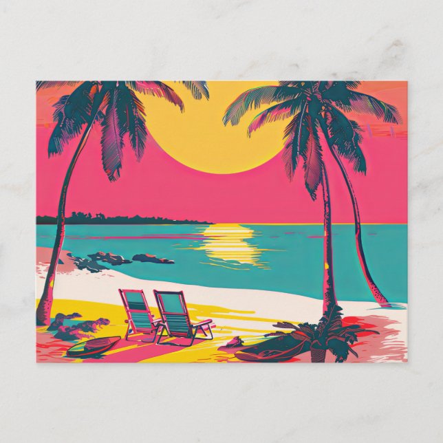 Postal Verano Playa Vibe Retro Surfer Palm Trees Sunset (Anverso)