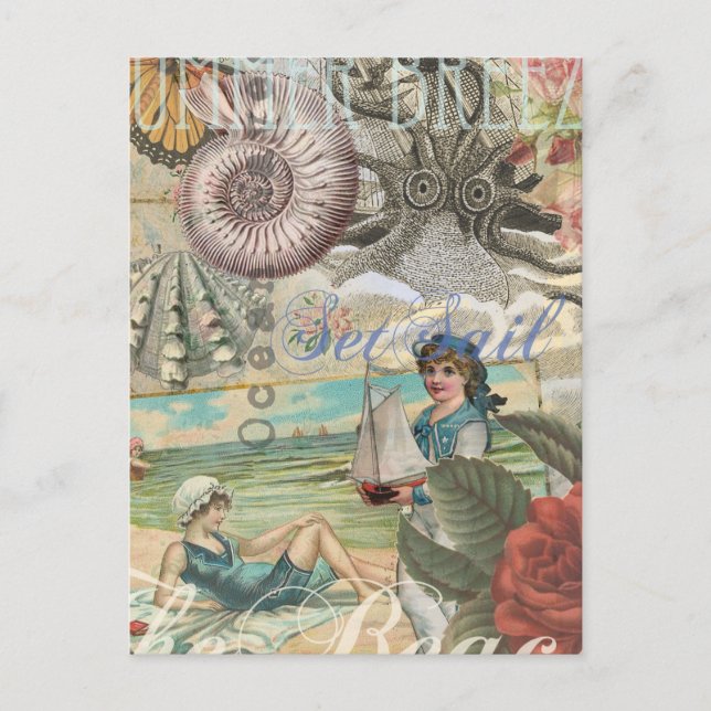 Postal verano playa vintage pulpo antiguo velero (Anverso)