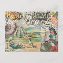 Postal verano playa vintage pulpo antiguo velero