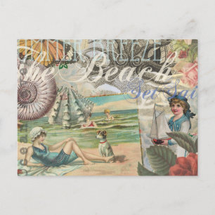 Postal verano playa vintage pulpo antiguo velero