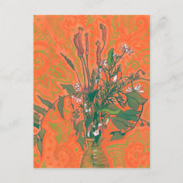 Postal Verano verde y Naranja Flores silvestres Pintura f