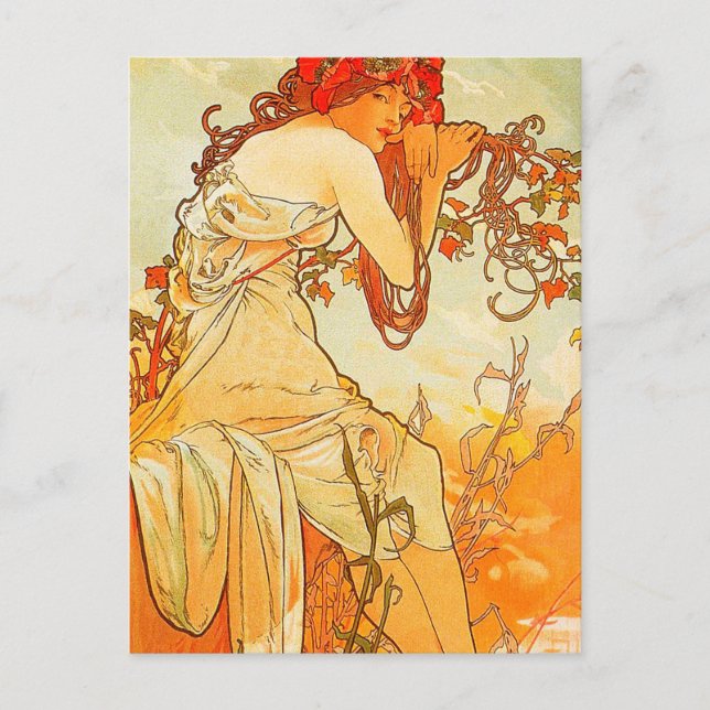 Postal Verano vintage de Alphonse Mucha (Anverso)