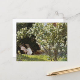 Postal Verano vintage pintando rosas blancas leyendo muje