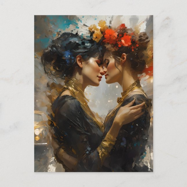 Postal Verdaderas amantes lesbianas flores en el cabello (Anverso)