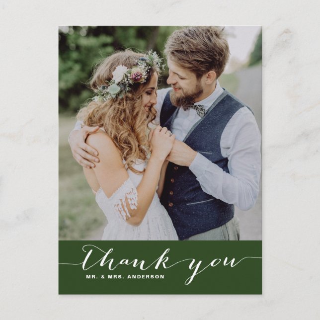 Postal Verde | Boda de script Gracias Postcard vertical (Anverso)