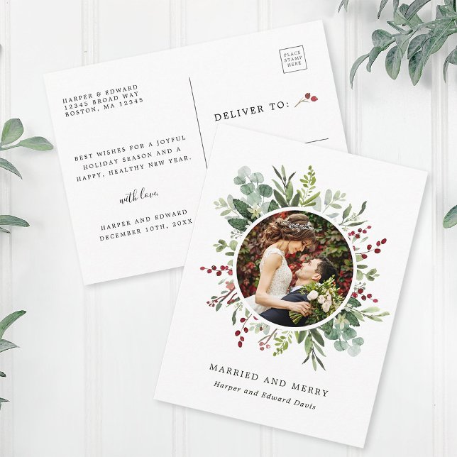 Postal Verde Botánico de Navidad Casados y Alegres Foto (Front & Back)