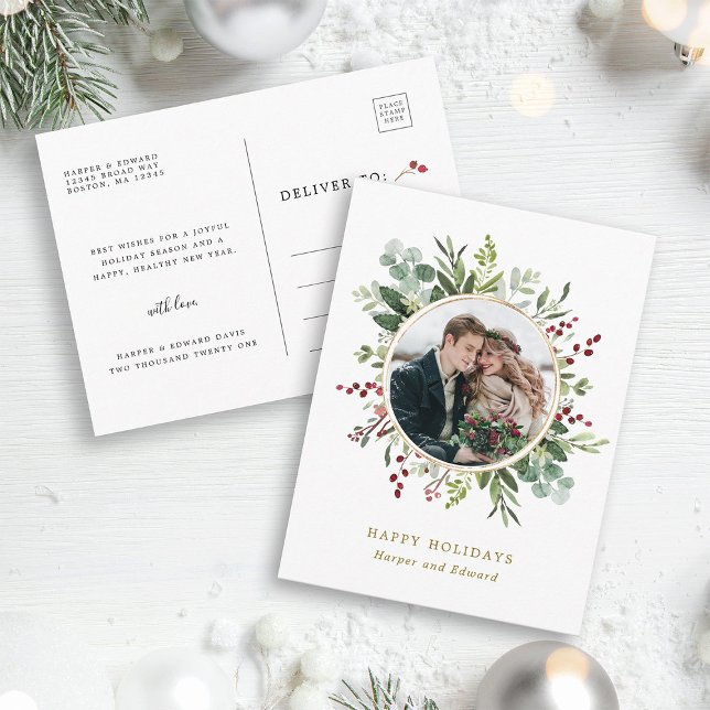 Postal Verde botánico navideño dorado Foto Vacaciones (Front & Back)