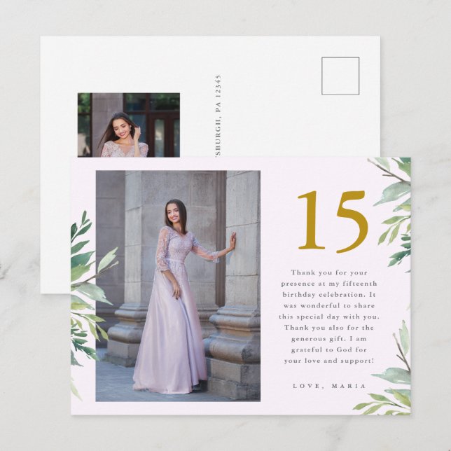 Postal Verde Dos Foto Quinceañera Agradecimiento Rosa (Anverso / Reverso)