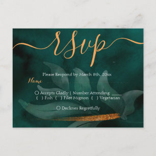 Postal verde esmeralda moderno y hojas RSVP