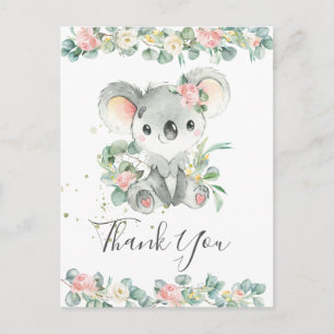 Postal Verde Floral Rosa Cute Koala Gracias