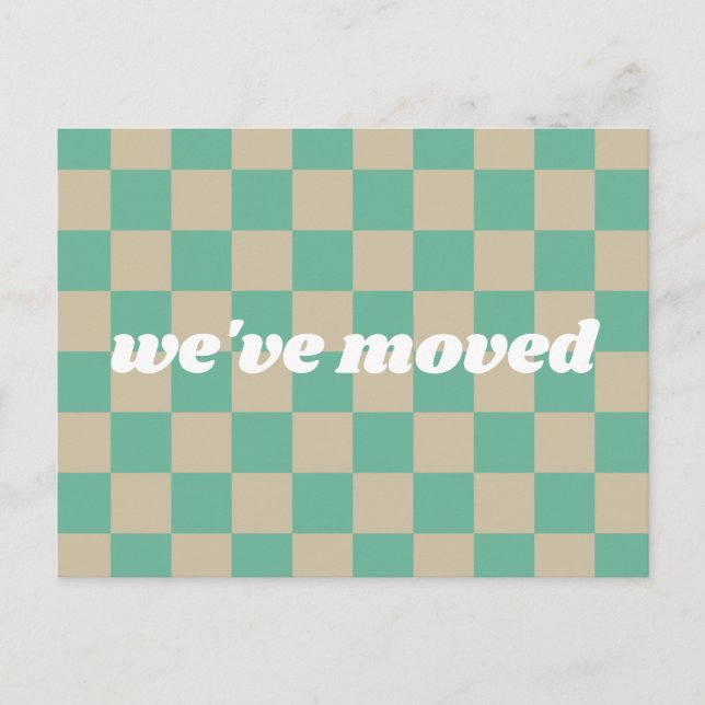 Postal Verde Menta Tan Tablero de Ajedrez Retro Nos hemos (Anverso)