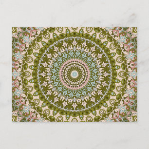 Postal Verde Oliva y Patrón de Mandala Pastel