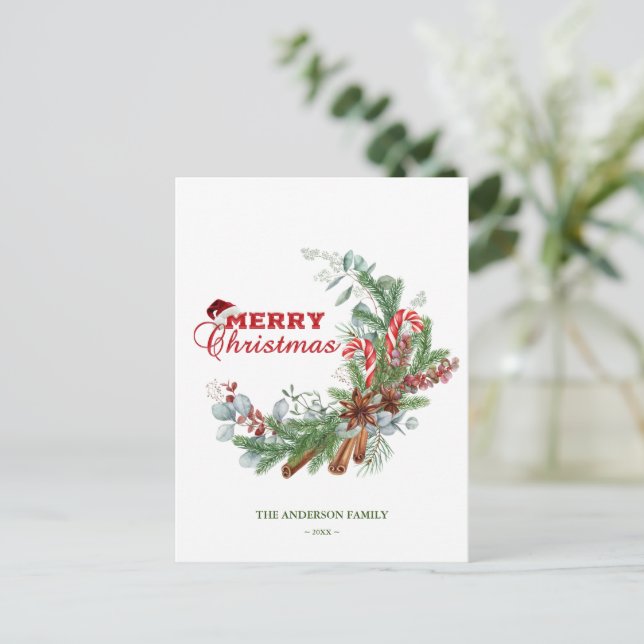 Postal Verde Rojo Feliz Navidad Typografía de la vegetaci (Anverso de pie)