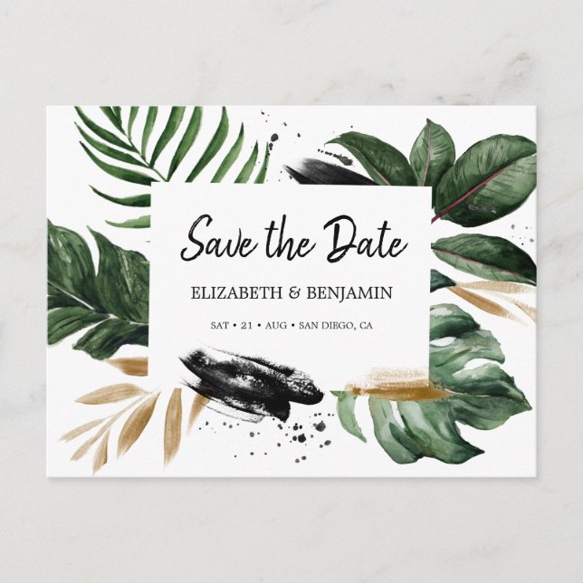 Postal Verde Tropical Verano Hojas Save The Date (Anverso)
