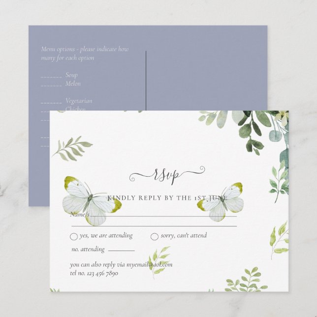 Postal Verdes Elegantes Foliage RSVP de Boda (Anverso / Reverso)