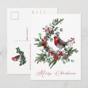 Postal Verdes navidades, Cones de Pino, Wren Gris Rojo