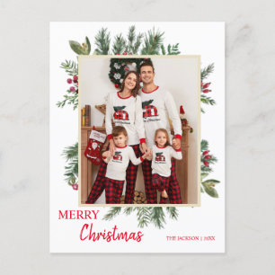 Postal Verdor minimalista con foto roja Feliz Navidad