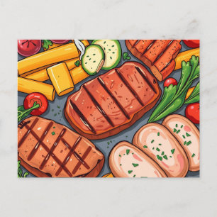 Postal Verduras a la parrilla coloridas y carne magra