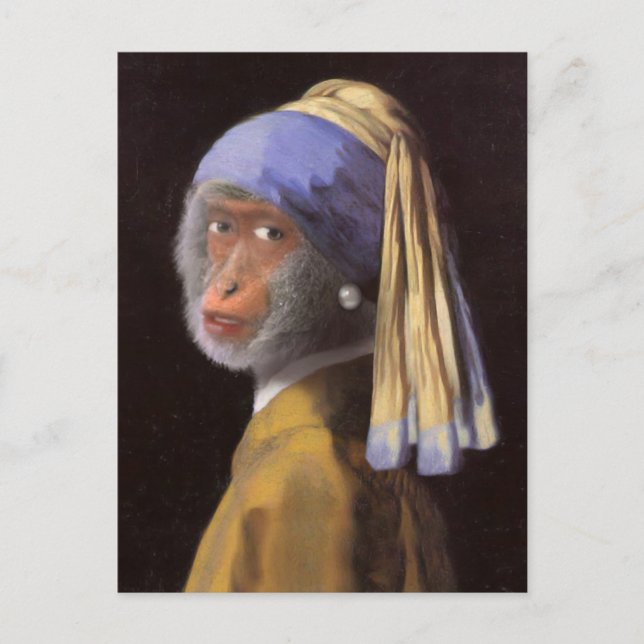 Postal Vermeer Pendiente Perla Mono Chimpancé (Anverso)