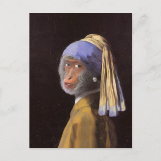 Postal Vermeer Pendiente Perla Mono Chimpancé (Anverso)