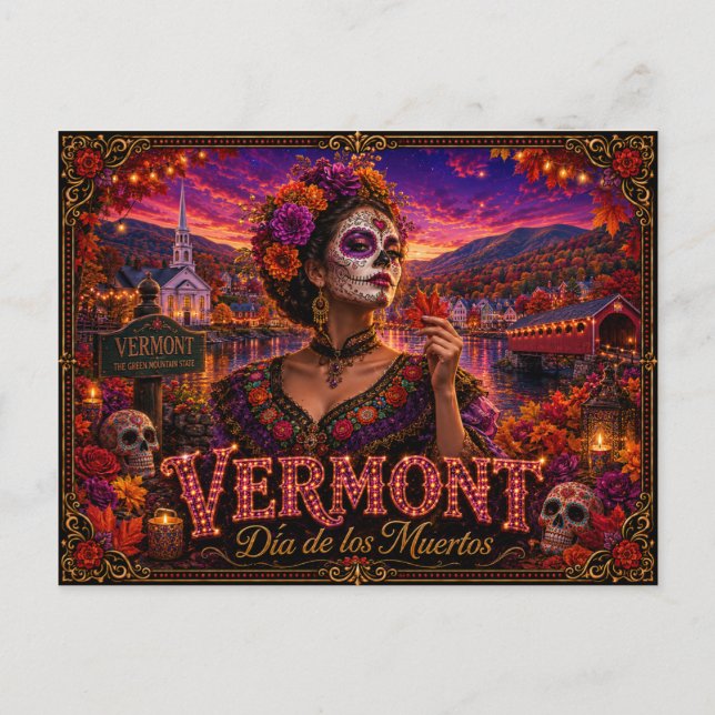 Postal Vermont Día de los Muertos Retro (Anverso)