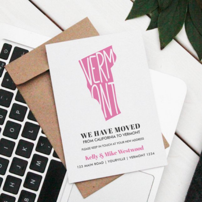 Postal VERMONT Nos hemos mudado Nueva dirección Nuevo Hog (VERMONT PINK THEMED ANNOUNCEMENT POSTCARD)
