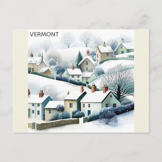 Postal Vermont Snowy Winter Village Ilustracion de viajes (Anverso)