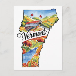 Postal Vermont USA Estado Formado Acuarela Vintage