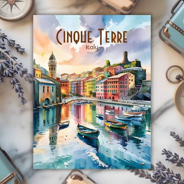 Postal Vernazza Cinque Terre Personalizado de acuarela de (Custom Vernazza Cinque Terre Italy Harbor Watercolor Painting Postcard)