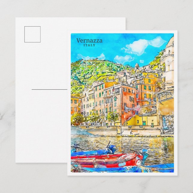 Postal Vernazza Italia vintage acuarela (Anverso / Reverso)
