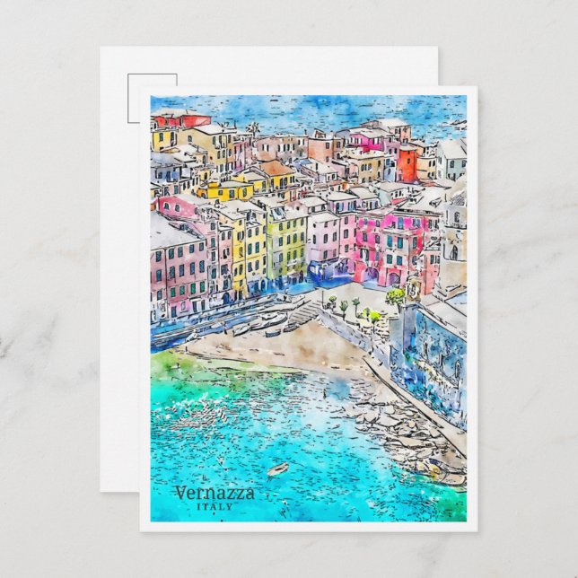 Postal Vernazza Italia vintage acuarela (Anverso / Reverso)