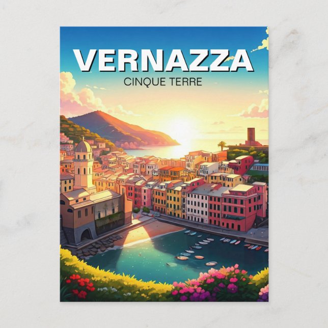 Postal Vernazza, puesta de sol en el imán Cinqua Terra (Anverso)