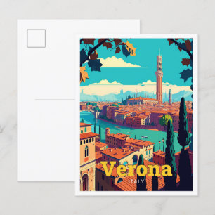 Postal Verona Italia Ilustracion de Viajes de Arte Vintag