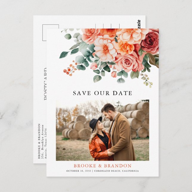 Postal Verona Sunset Bright Naranja Boda floral moderno (Anverso / Reverso)