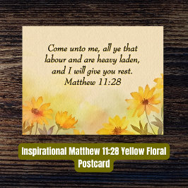 Postal Verso de la Biblia Mateo 11:28 Floral Amarillo