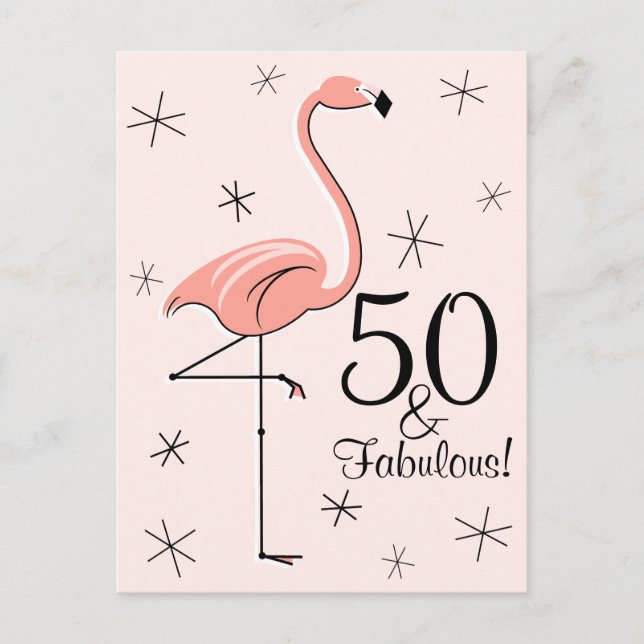 Postal vertical Flamingo Pink "50 and Fabulous!" (Anverso)
