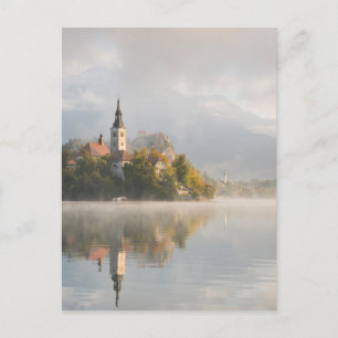 Postal vertical Foggy Sunrise Lake Bled