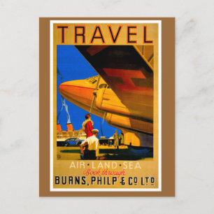 Postal vertical para viajes por aire, mar y tierra