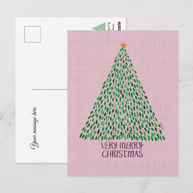 Postal Very Merry Christmas Tree on Pink Postcard (Anverso / Reverso)