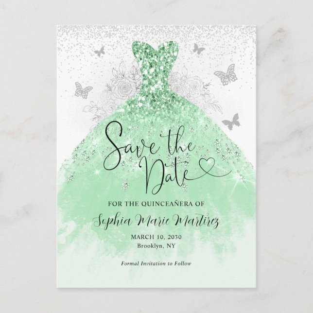 Postal Vestido de plata verde sabio Quinceañera Salva la  (Anverso)