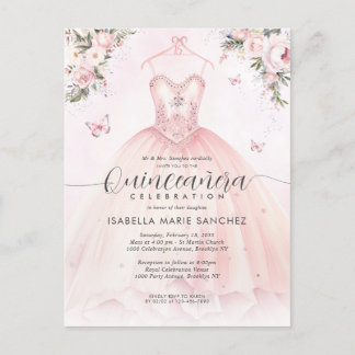 Postal Vestido de princesa floral rosa Quinceanera cumple