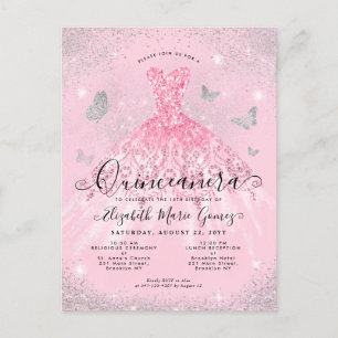 Postal Vestido de quinceañera rosa con brillo plateado Gl