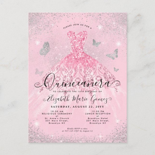 Postal Vestido de quinceañera rosa con brillo plateado Gl (Anverso)
